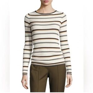 Theory Cream and Brown Merino Wool Striped Long Sleeve Top